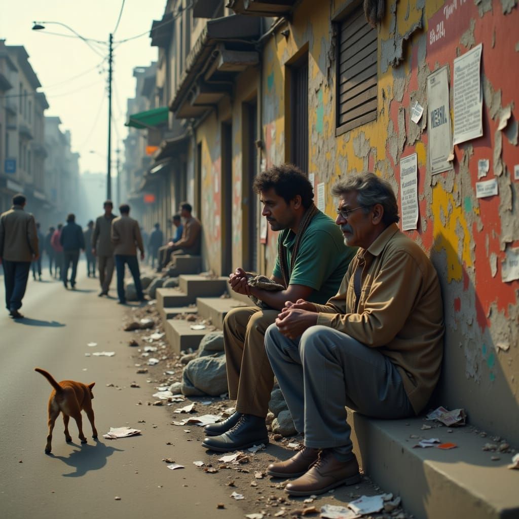 Indian Beggar in Gritty Street Life Scene