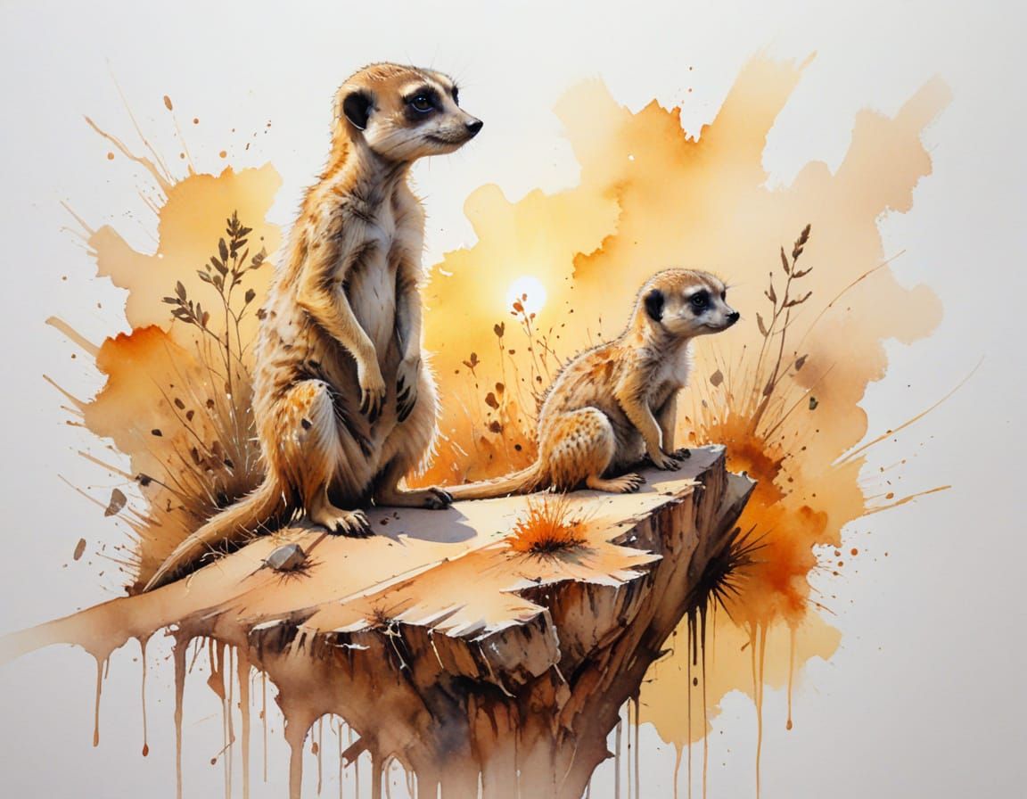 Golden Savanna Sunrise with Meerkat and Acacia Trees in Wate...