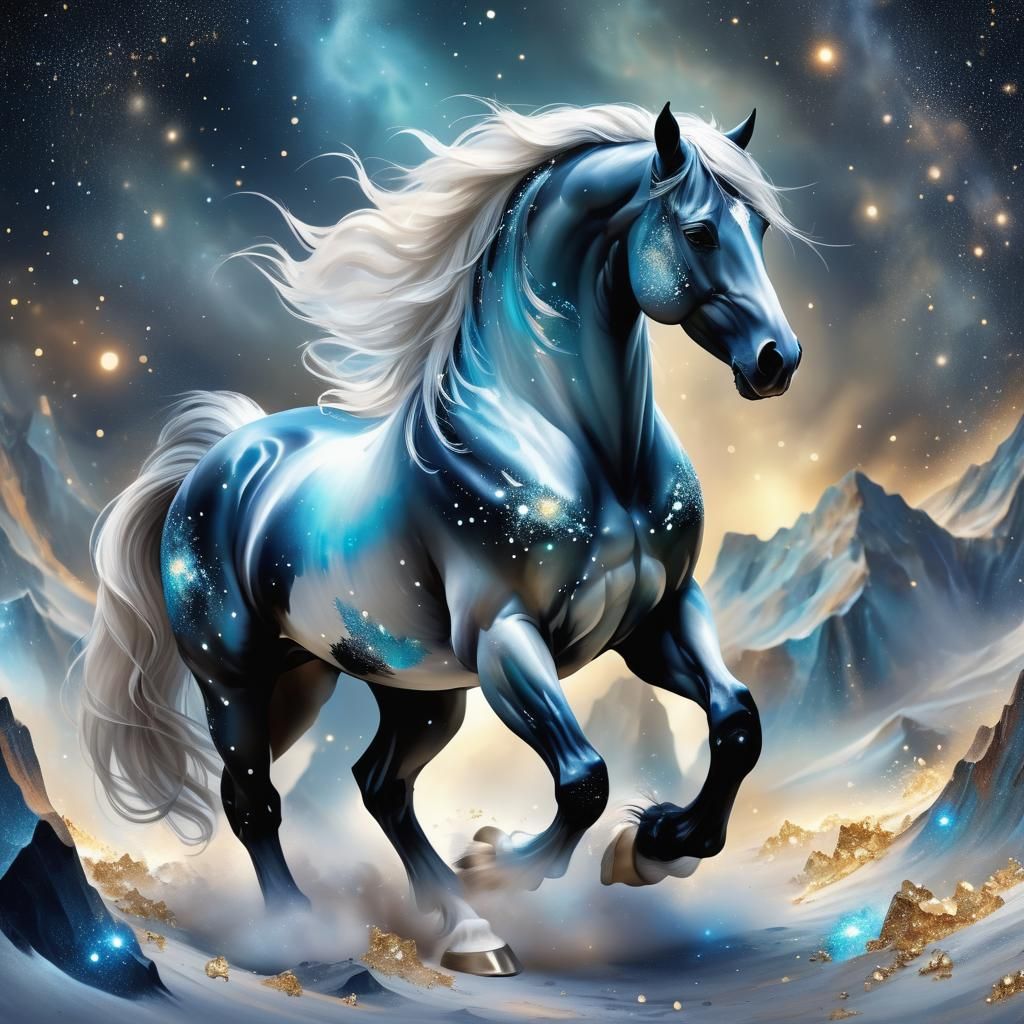 Ein Fantasiehengst aus dem Element Erde, umgeben vom Glitzer...