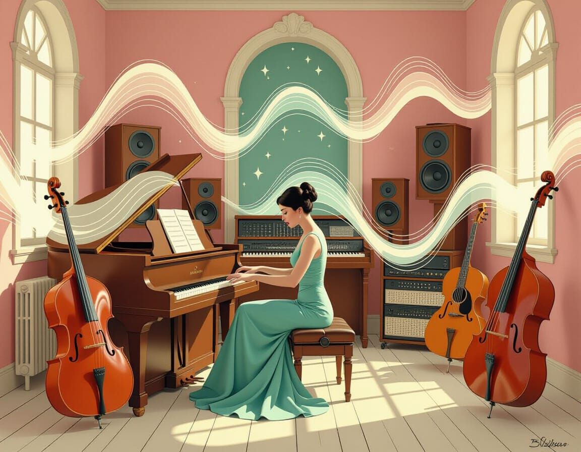 Ethereal Musician in Abandoned Studio, Surrealist Gouache