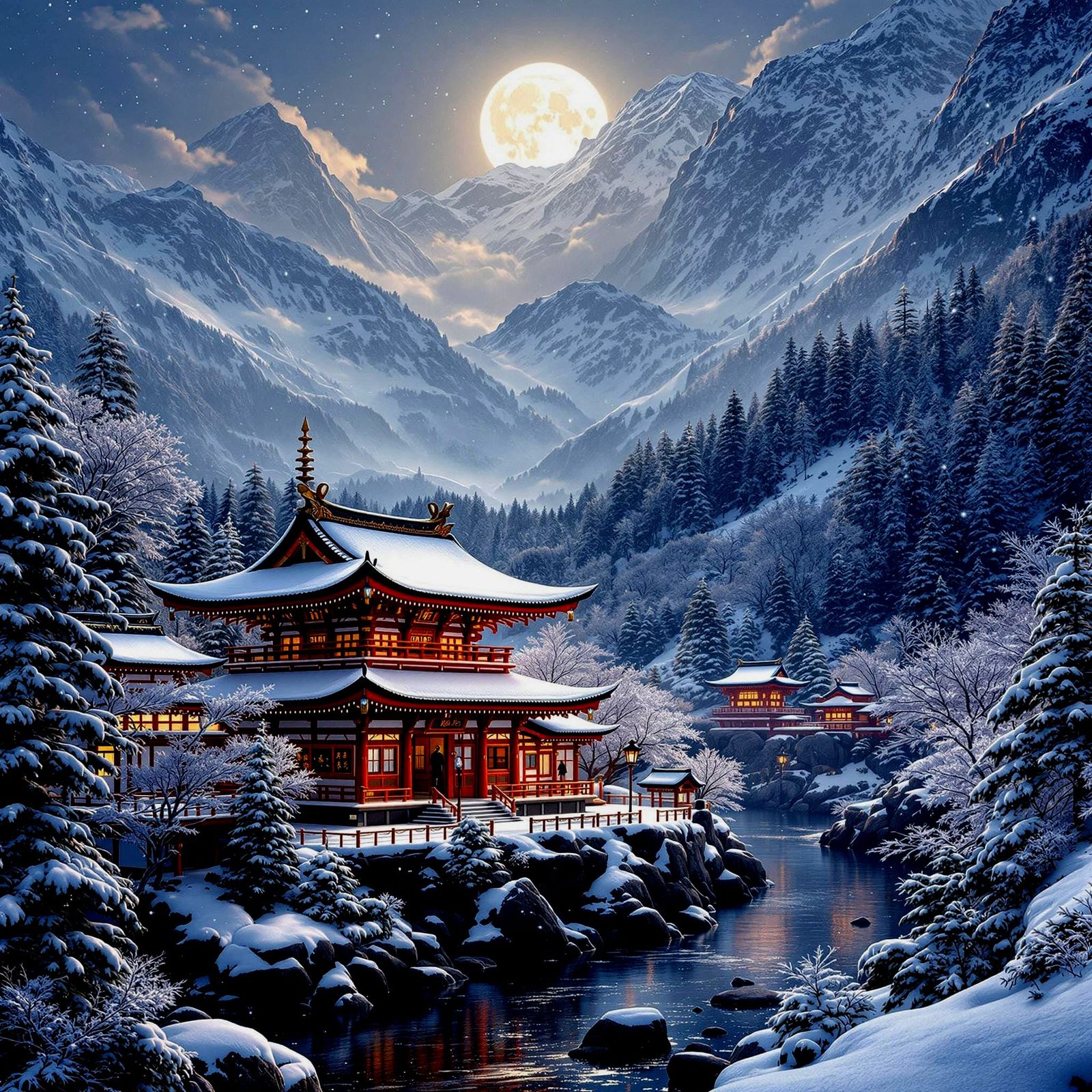 Snowy Shinto Temple Illuminated by Moonlight