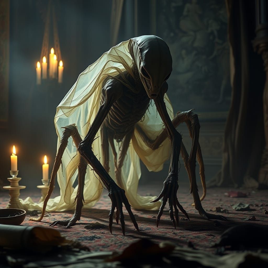 Surreal Creature Crawls Through Tattered Gothic Tapestries i...