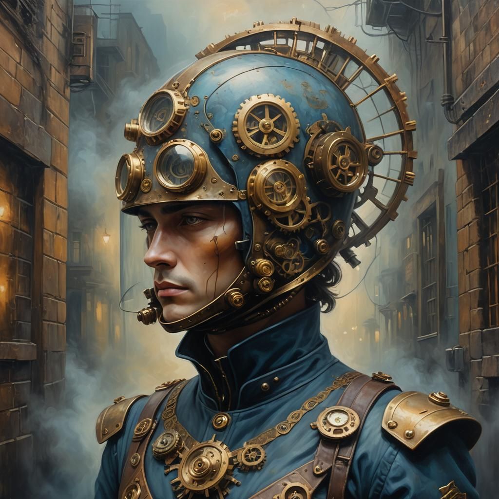 Mysterious Steampunk Figure in Foggy Alleyway Oil Painting