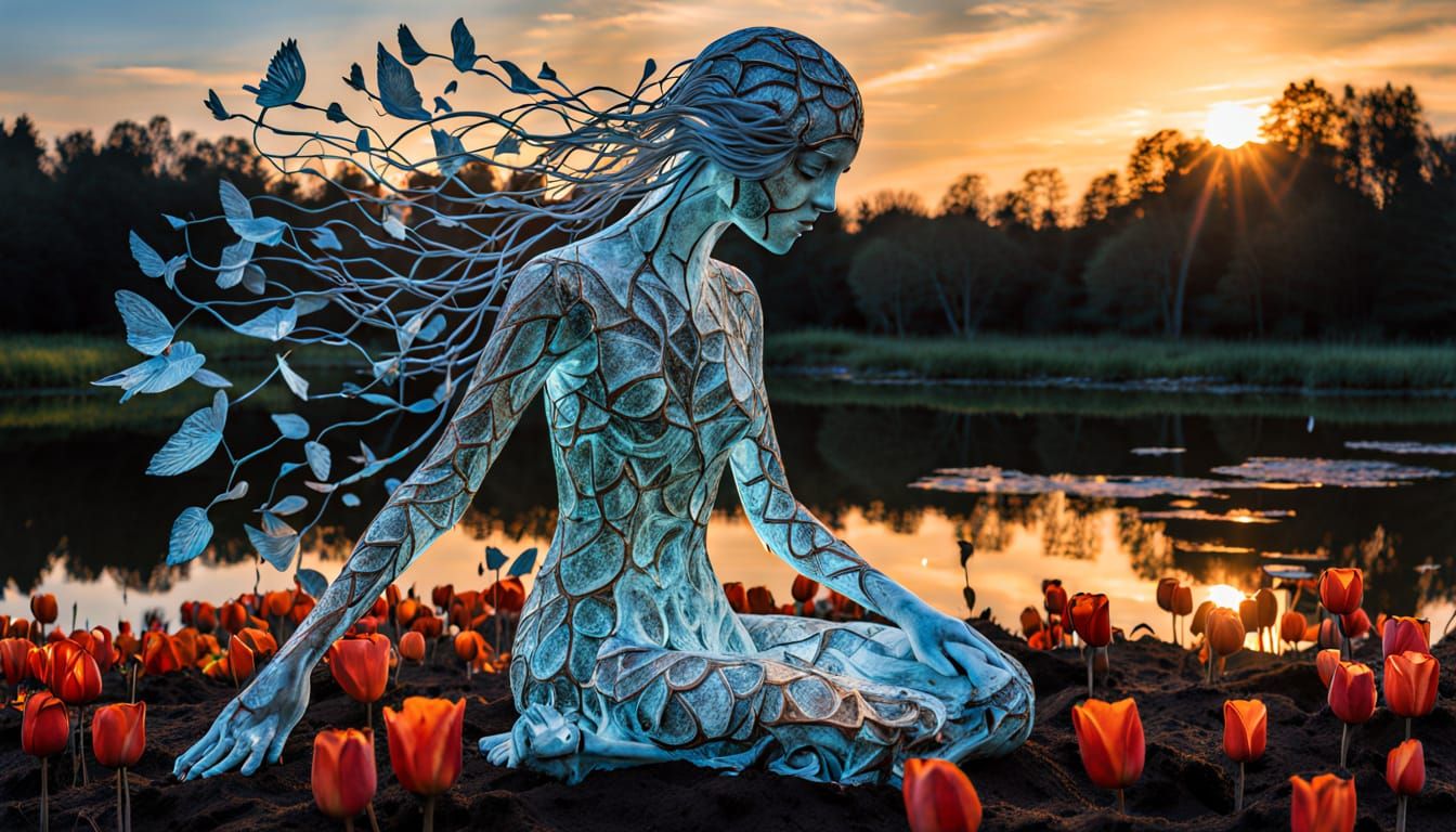 Surreal Fragmented Sculpture of Woman at Sunset