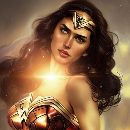 Wonder Woman Kissing Superman in a Dynamic Art Nouveau Style