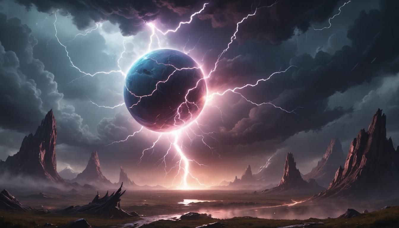 Surreal Low-Poly Sci-Fi Planet Soars Above a Turbulent Storm...