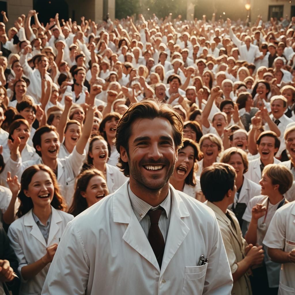 A Man's Triumph: Doctor Surrounded by Cheering Crowd, Cinema...