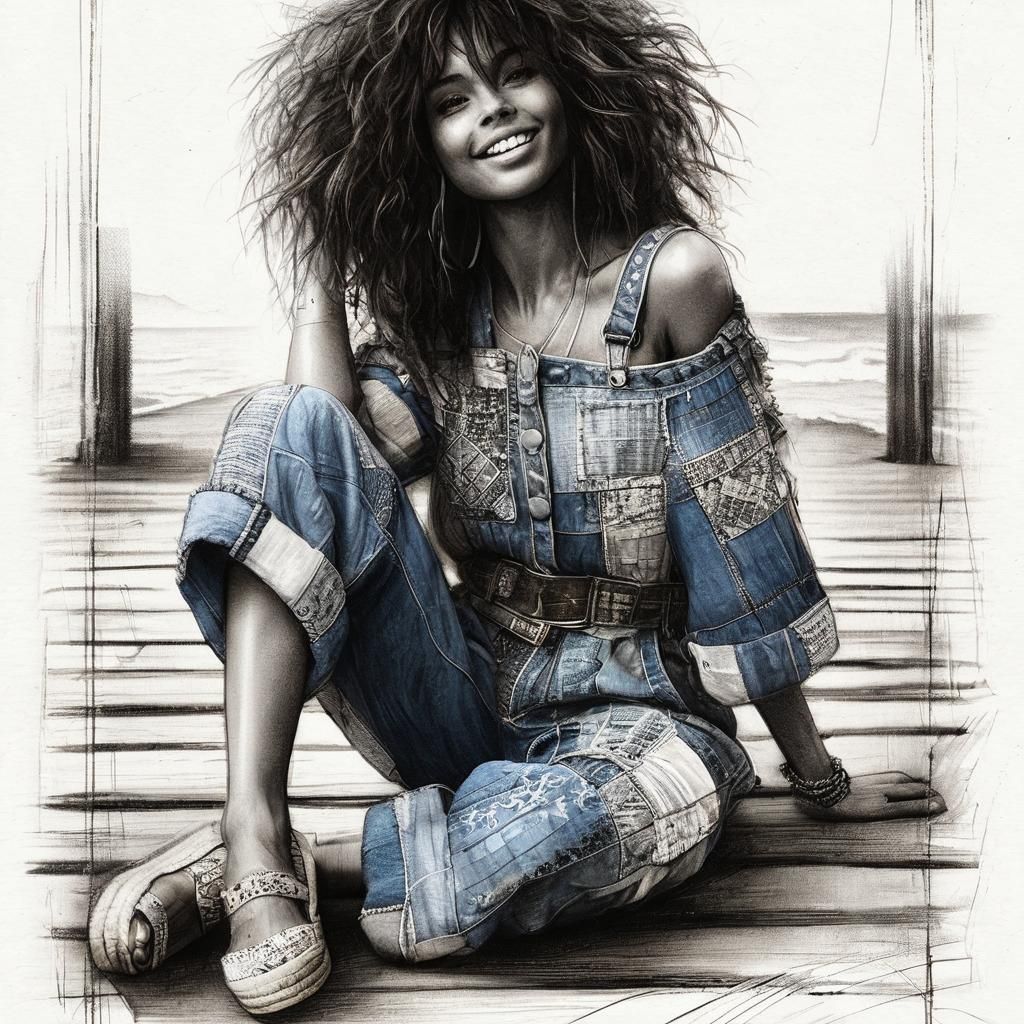 Glamorous Pin-Up Girl Showcases Patchwork Denim Masterpiece...