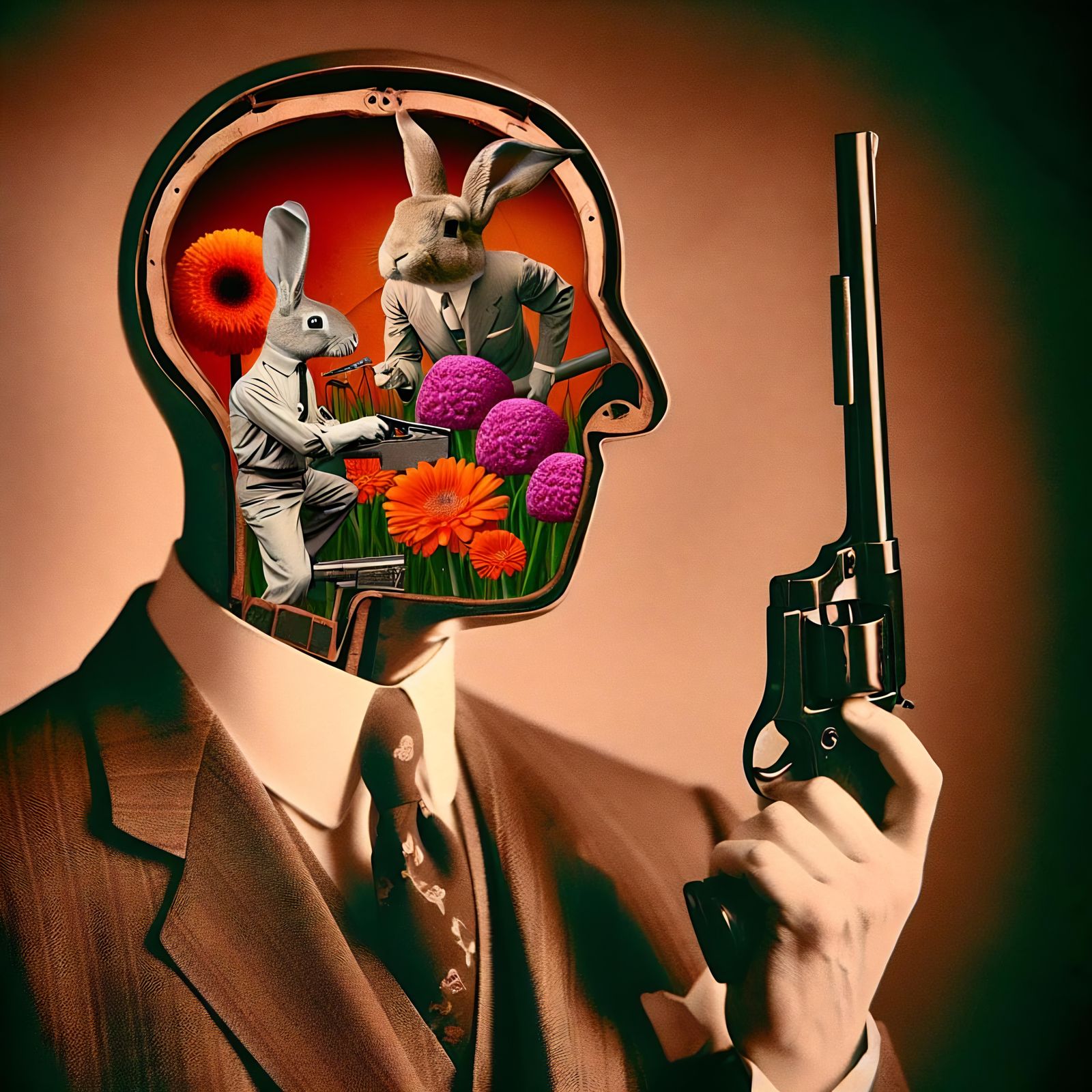 Surreal Sepia Headspace: Whimsical Rabbits at Work