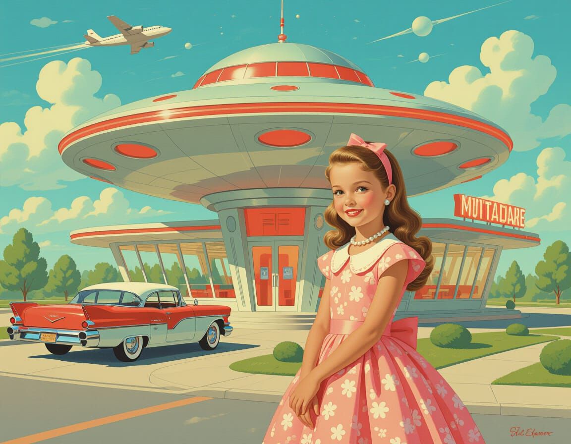 Girl at Retro UFO Restaurant in Pin-Up Style
