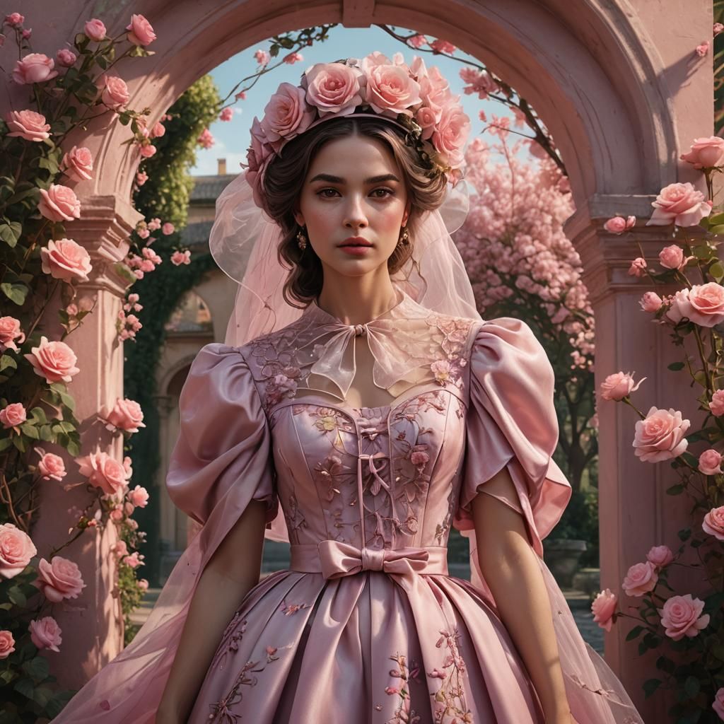 Hyperrealistic Portrait of a Regal Woman in a Lavish Pink Go...