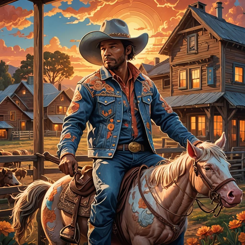 Whimsical Pig Cowboy Rides into Sunset