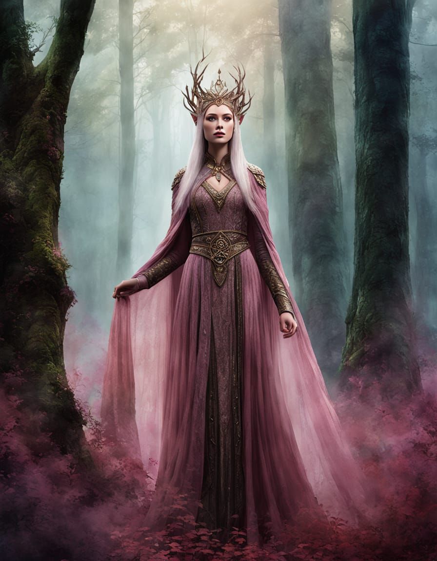 Elven Queen Portrait in Mixed Media Style