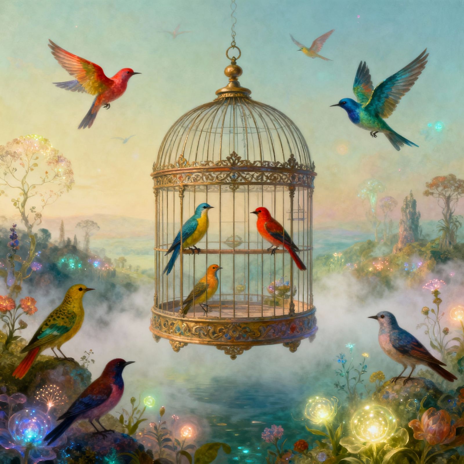 Surreal Floating Cage with Exotic Birds in Ethereal Light