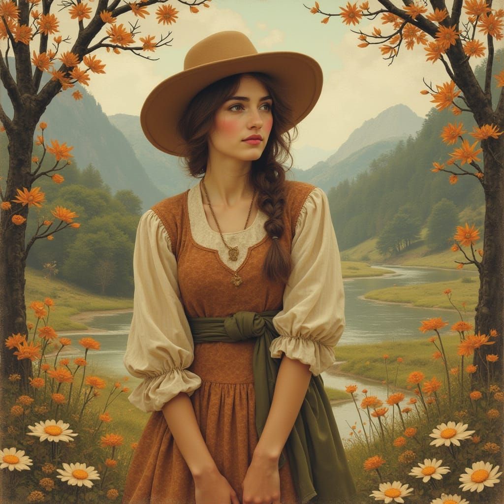 Nostalgic Woman in Picturesque Landscape, Vintage Collage St...