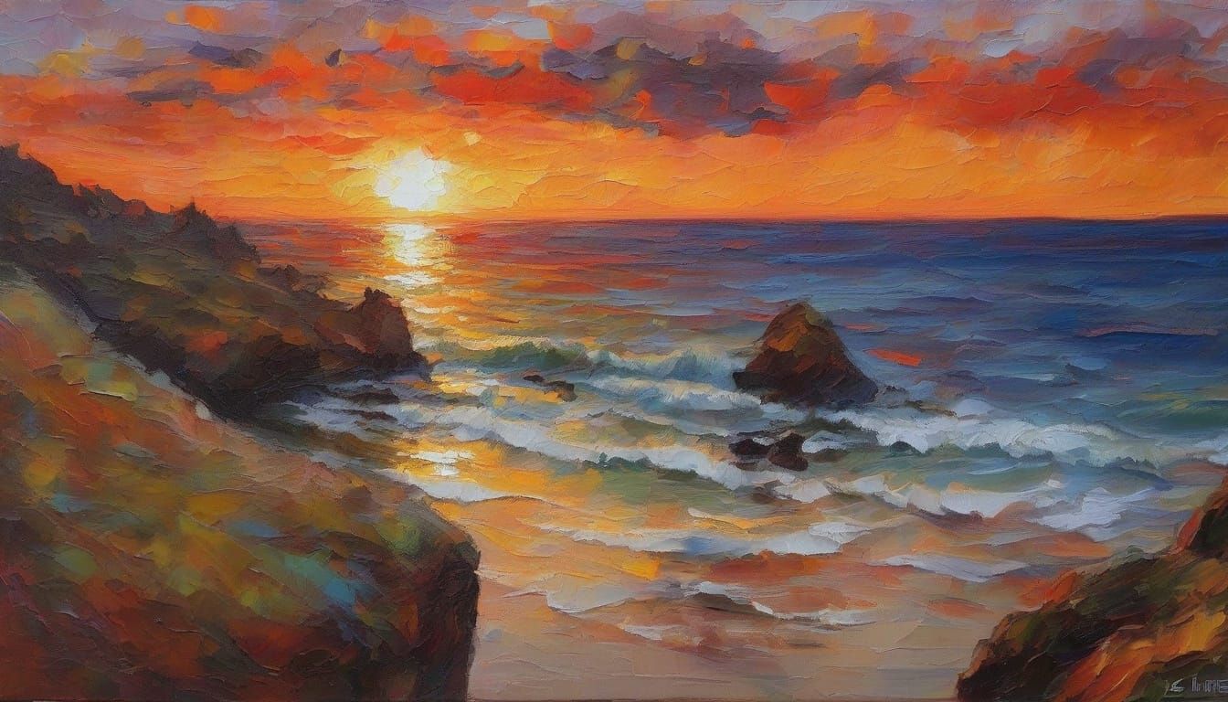 Vibrant Cliffside Sunset in Neo-Impressionist Style