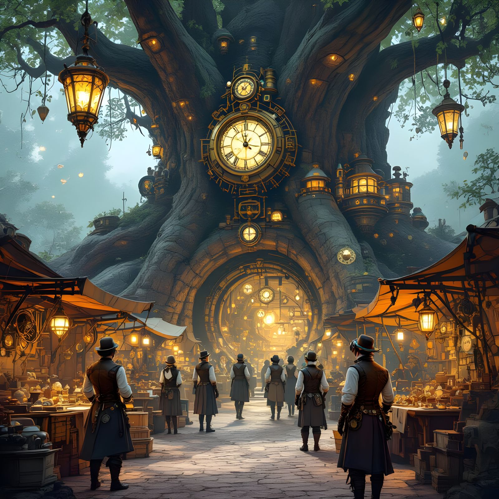 Steampunk Marketplace Inside Bioluminescent Tree, Matte Pain...