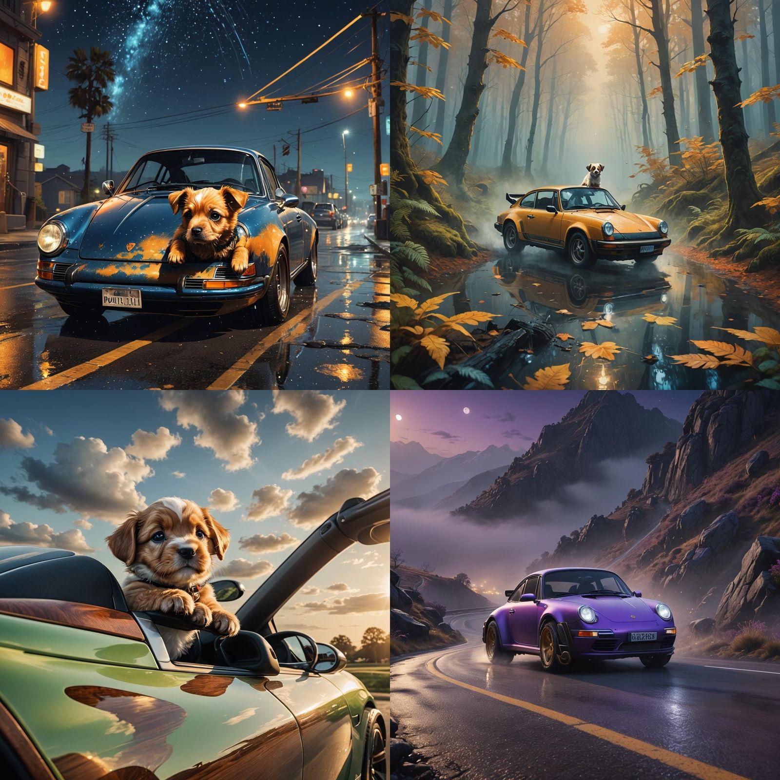 Puppy Peeks Out of a Luxurious Porsche in a Vibrant Fantasy...