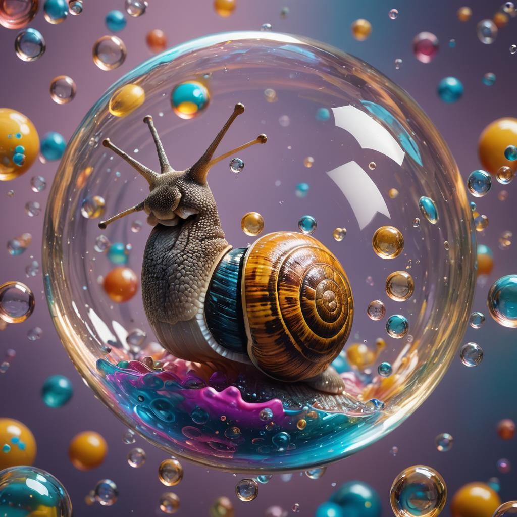 Hyperrealistic Snail Trapped in Vibrant Bubble