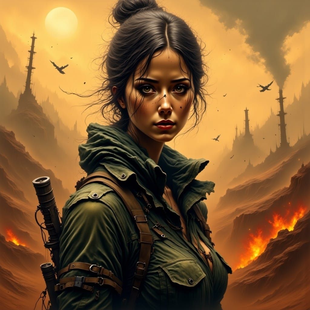 Battle-Hardened Heroine in Post-Apocalyptic Sunset