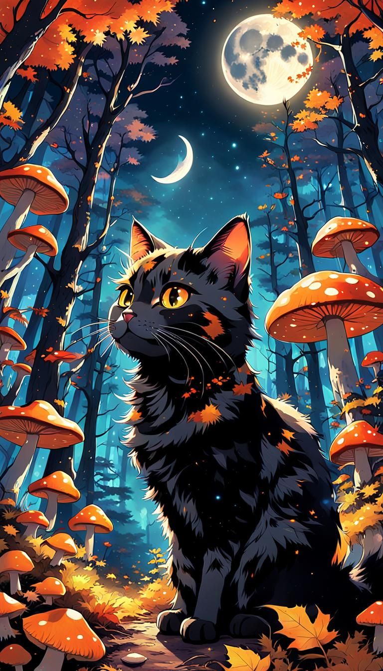 Whimsical Anime Cat Under the Moonlit Woods