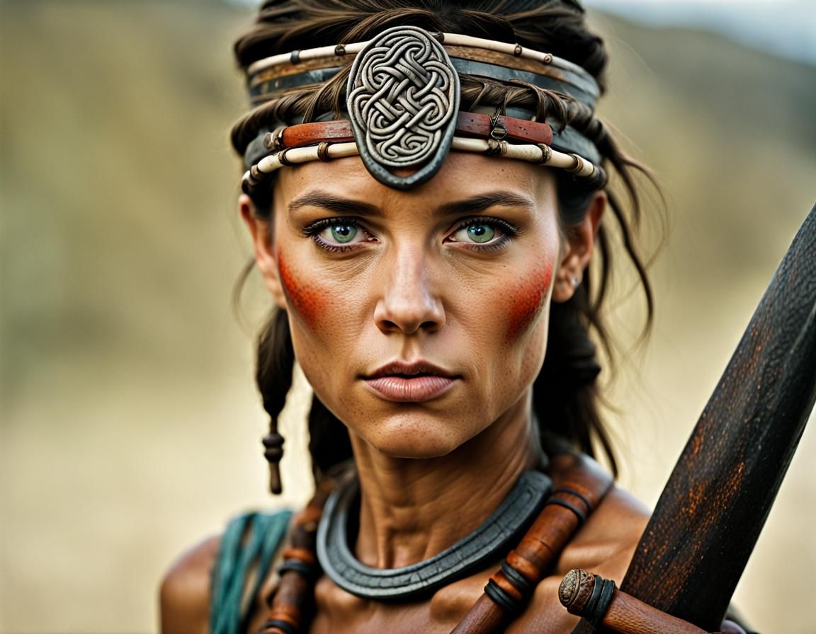 Celtic Tribal Warrior Female Portrait in Bokeh Studio Lighti...