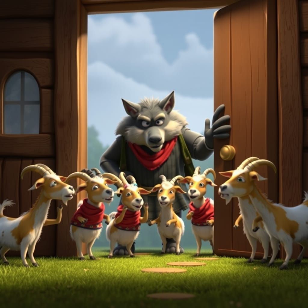 A Charming Cartoon Scene: A Fashionable Wolf Visits Clad Goa...