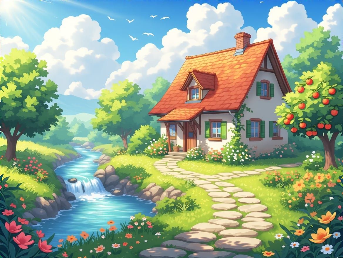 Serene Countryside Oasis in Vibrant Anime Style