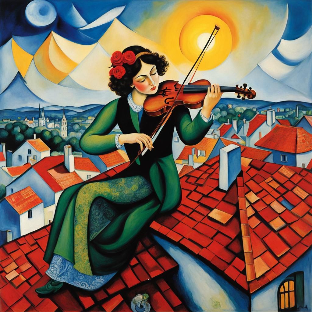 Expressionist Violinist Sits on Rooftop Amid Dreamlike Lands...