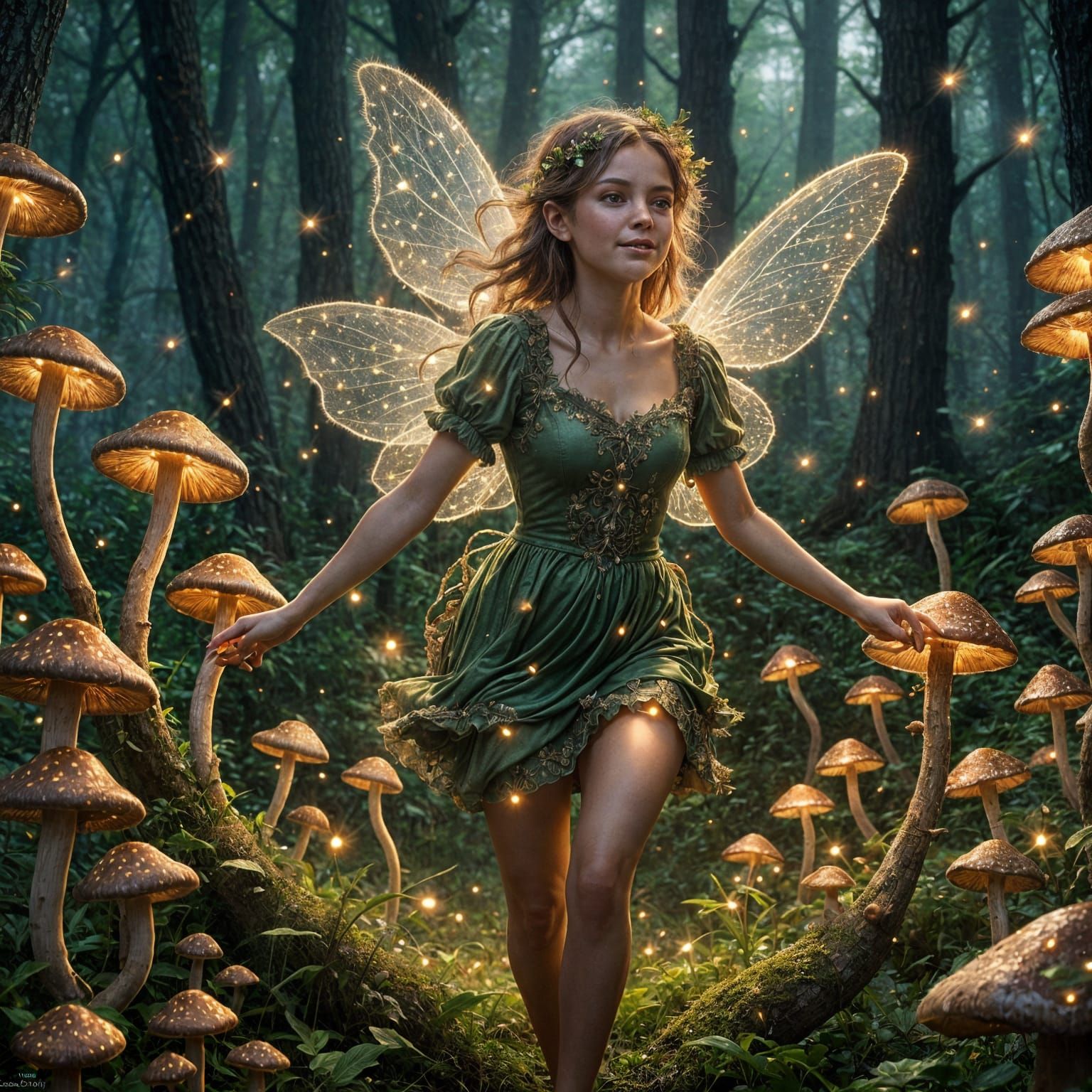 Whimsical Fae Dances Amidst Glowing Mushrooms in a Magical F...