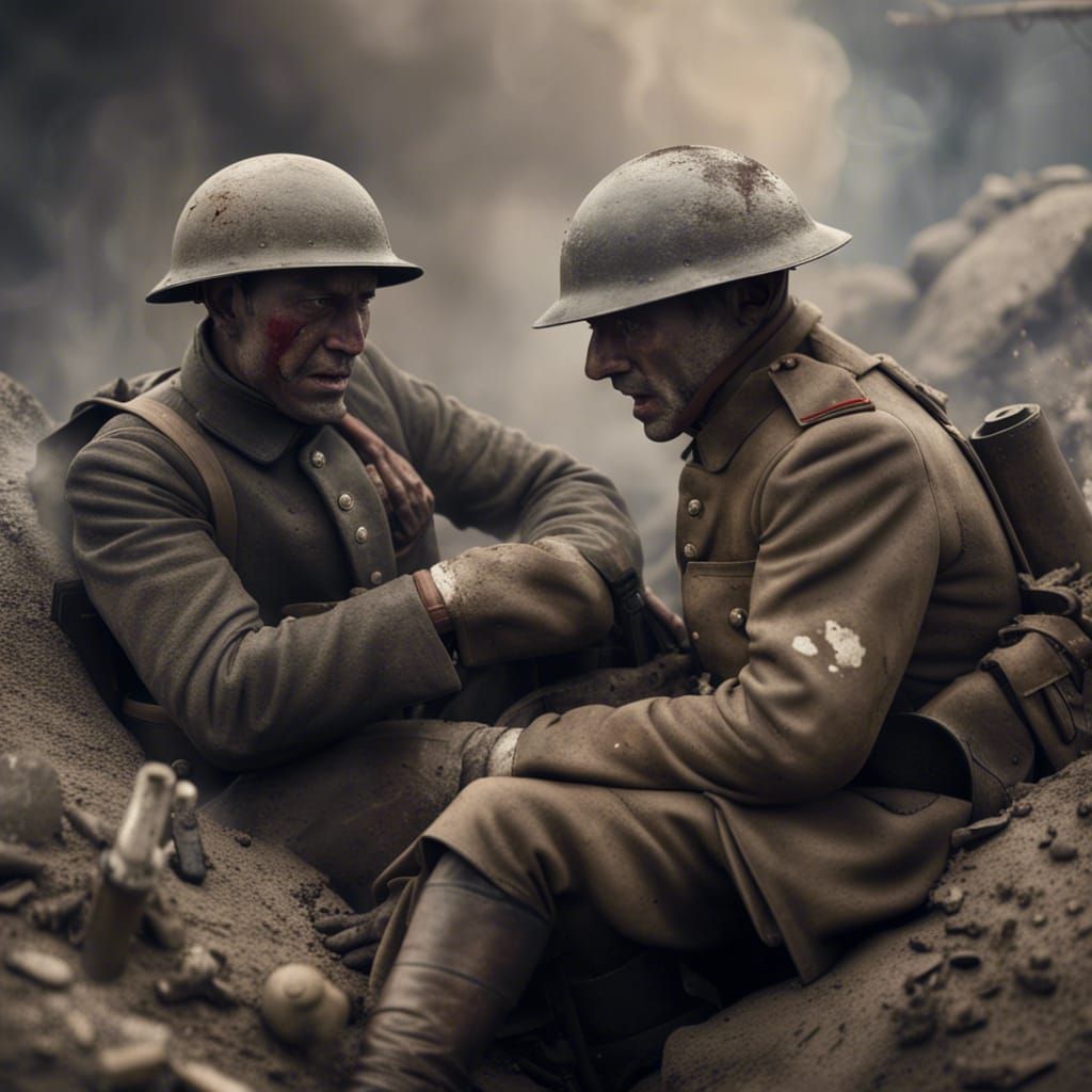 WW1 Soldier Comforted in Muddy Trench