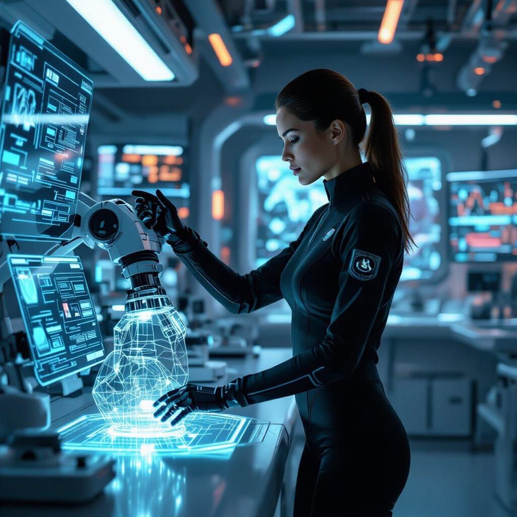 Futuristic Woman Interacts with Robotic Arm in High-Tech Lab