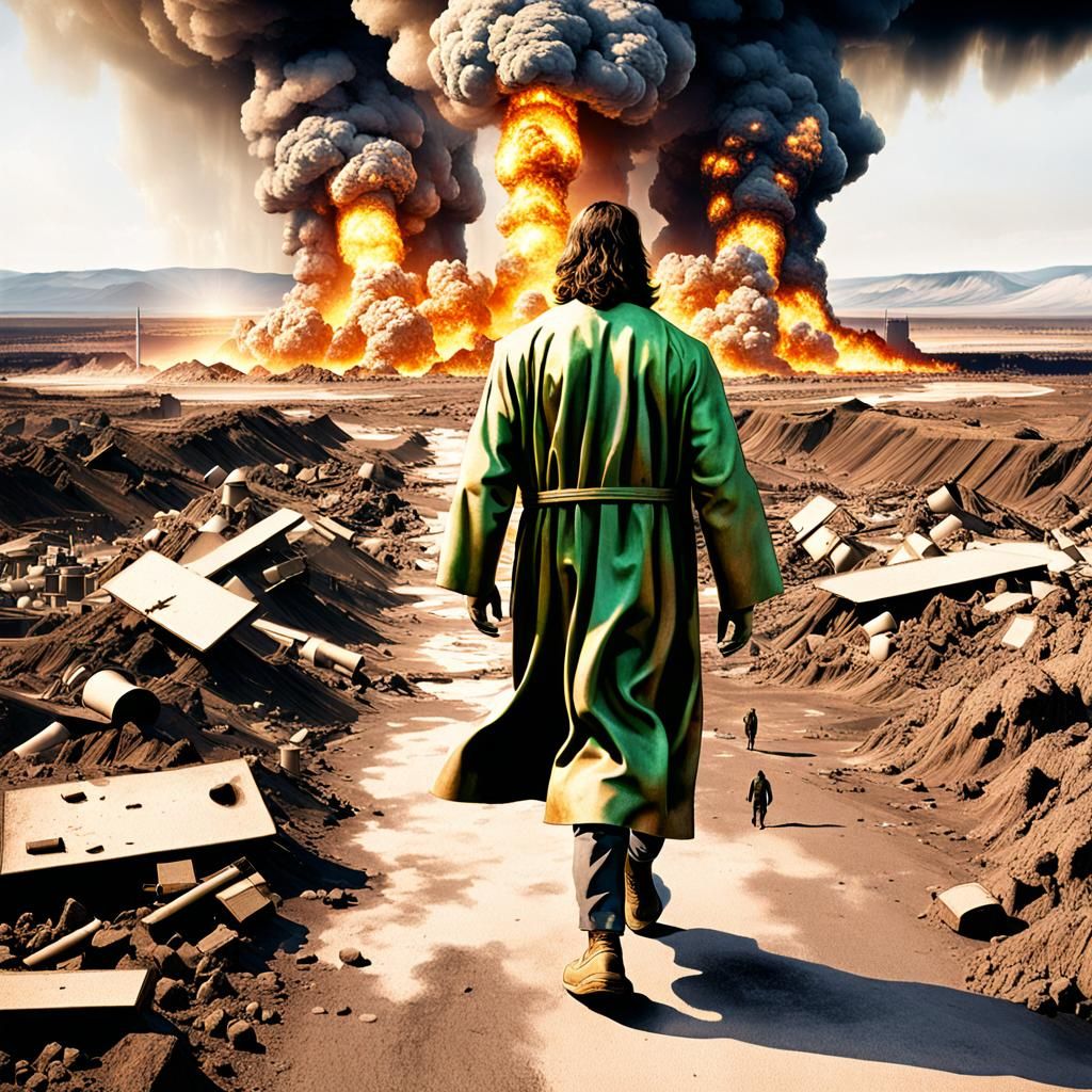 Post Apocalyptic Jesus Walks on Nuclear Wasteland