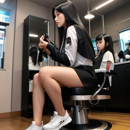 Woman in Barber Shop Receives a Haircut