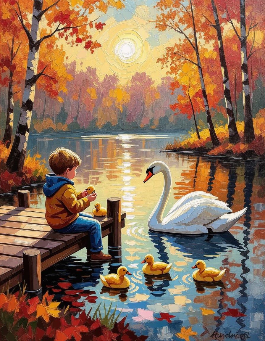Boy Feeding Ducks by Lake in Autumn Forest
