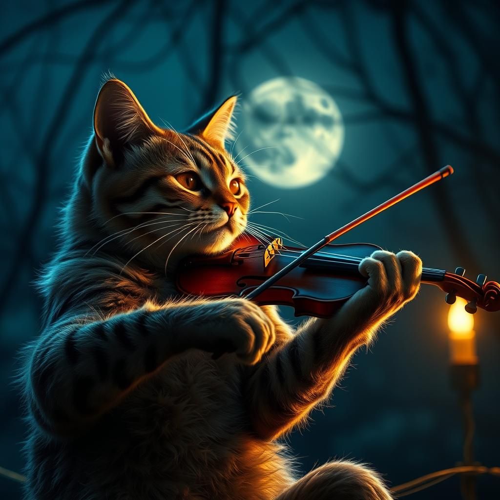 Epic Cat Performs Violin Under Moonlit Drama