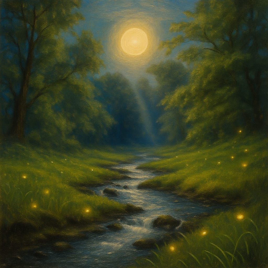 Realistic Meadow at Night With Fireflies and Moon Beams