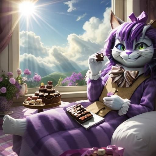 Whimsical Cat Savoring Chocolates in Ethereal Light