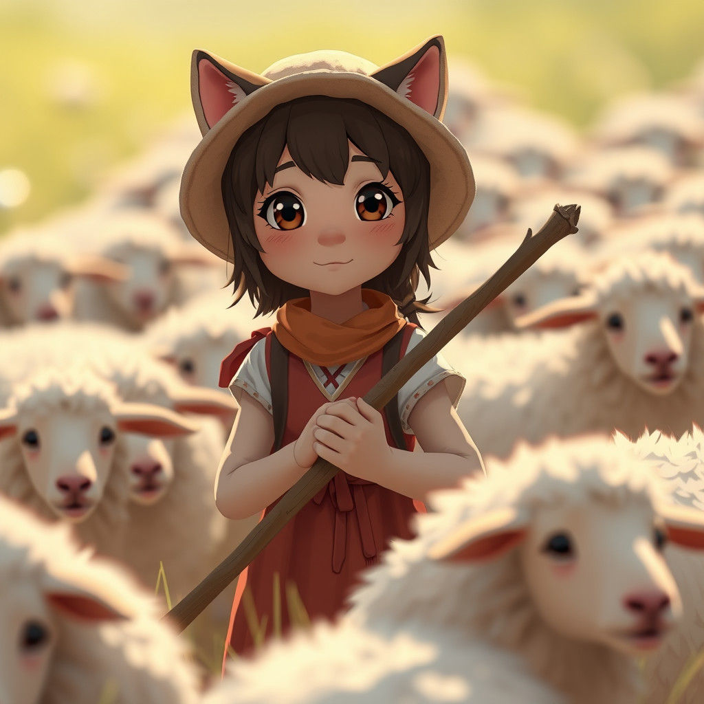 Shepherdess Girl Herds Sheep with Determination in Studio Gh...