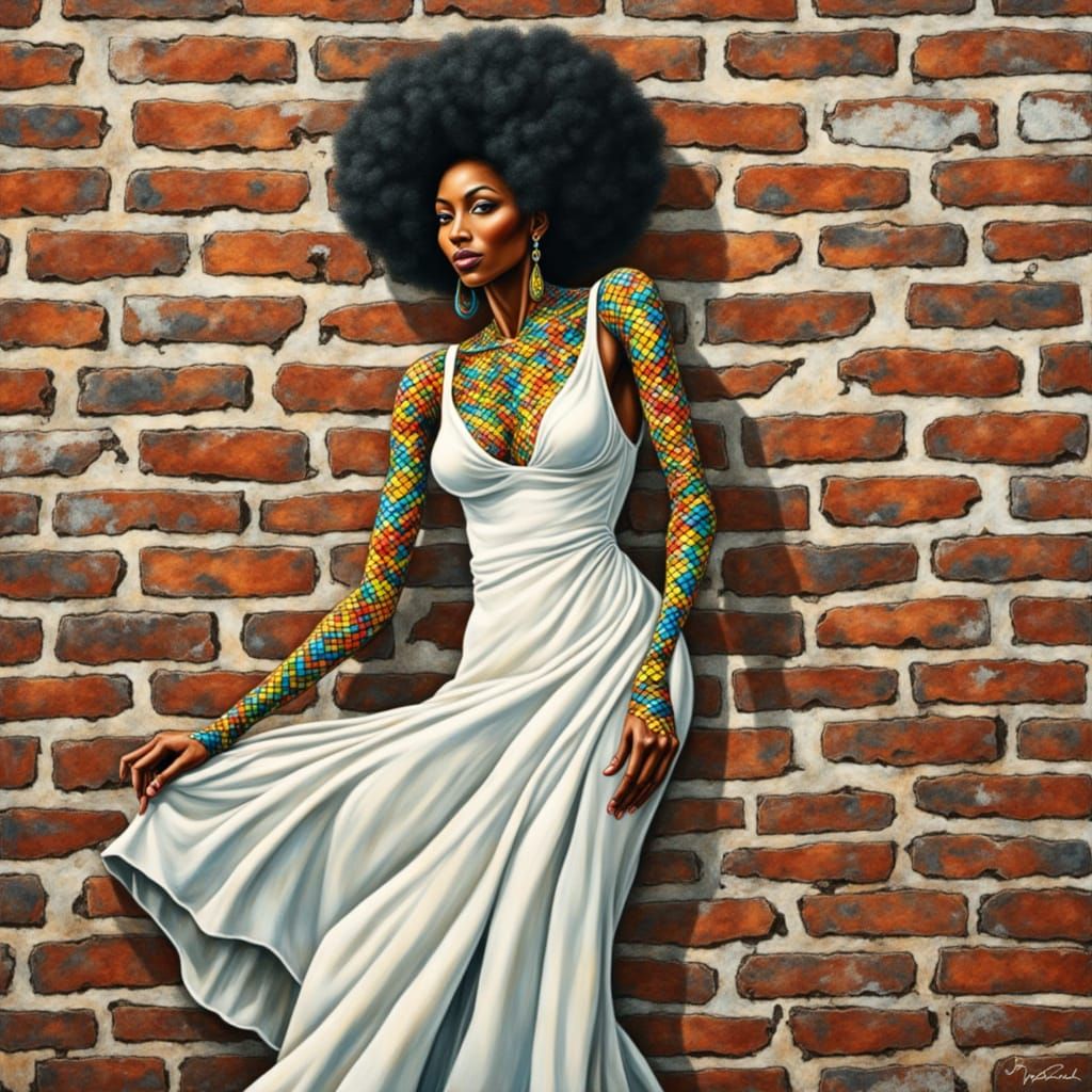 Afro Woman in Whimsical Fish Scale Skin, Against Weathered B...