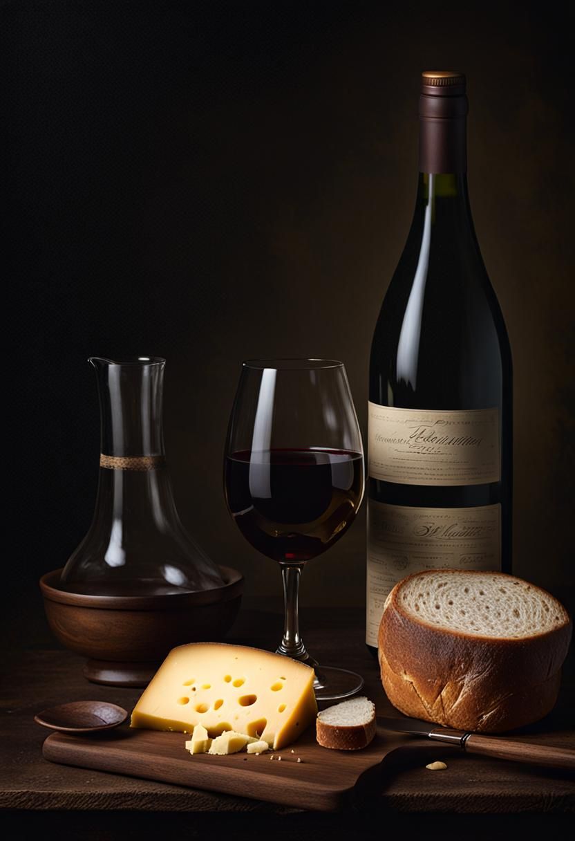 Still Life with Wine and Cheese in a Moody Light