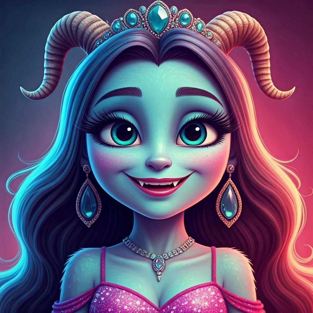 Vibrant Cartoon Monster with Glowing Eyes and Sparkly Access...