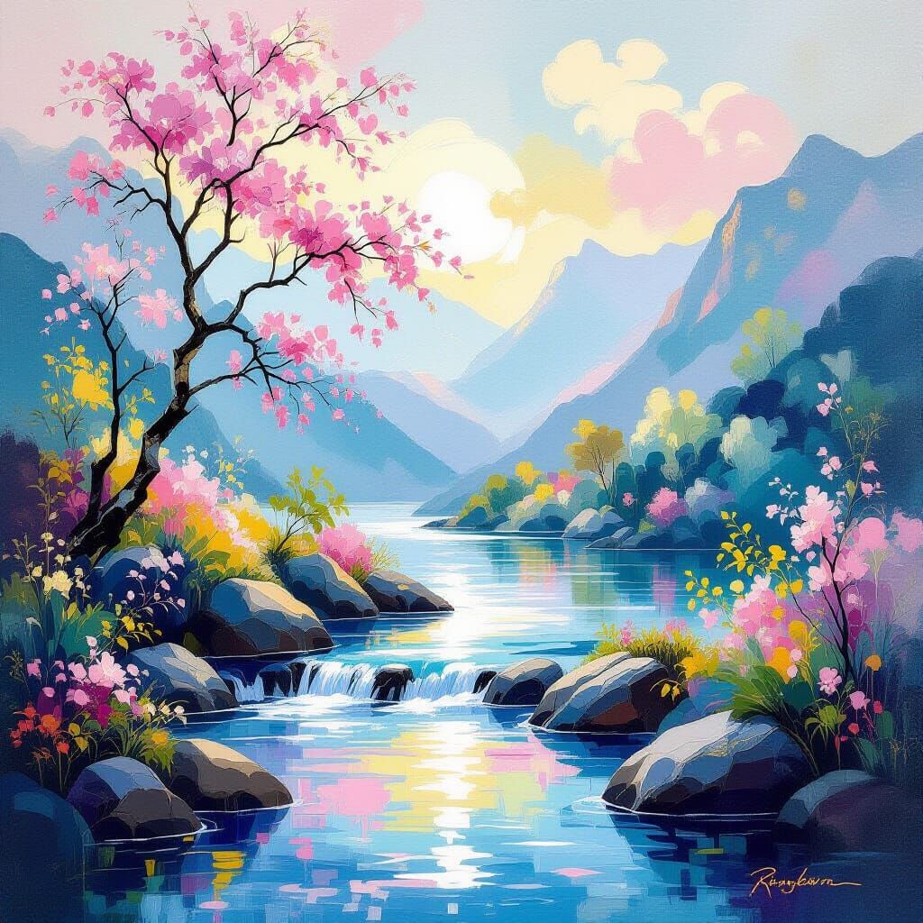 Mountain River in Impressionist Rococo Style