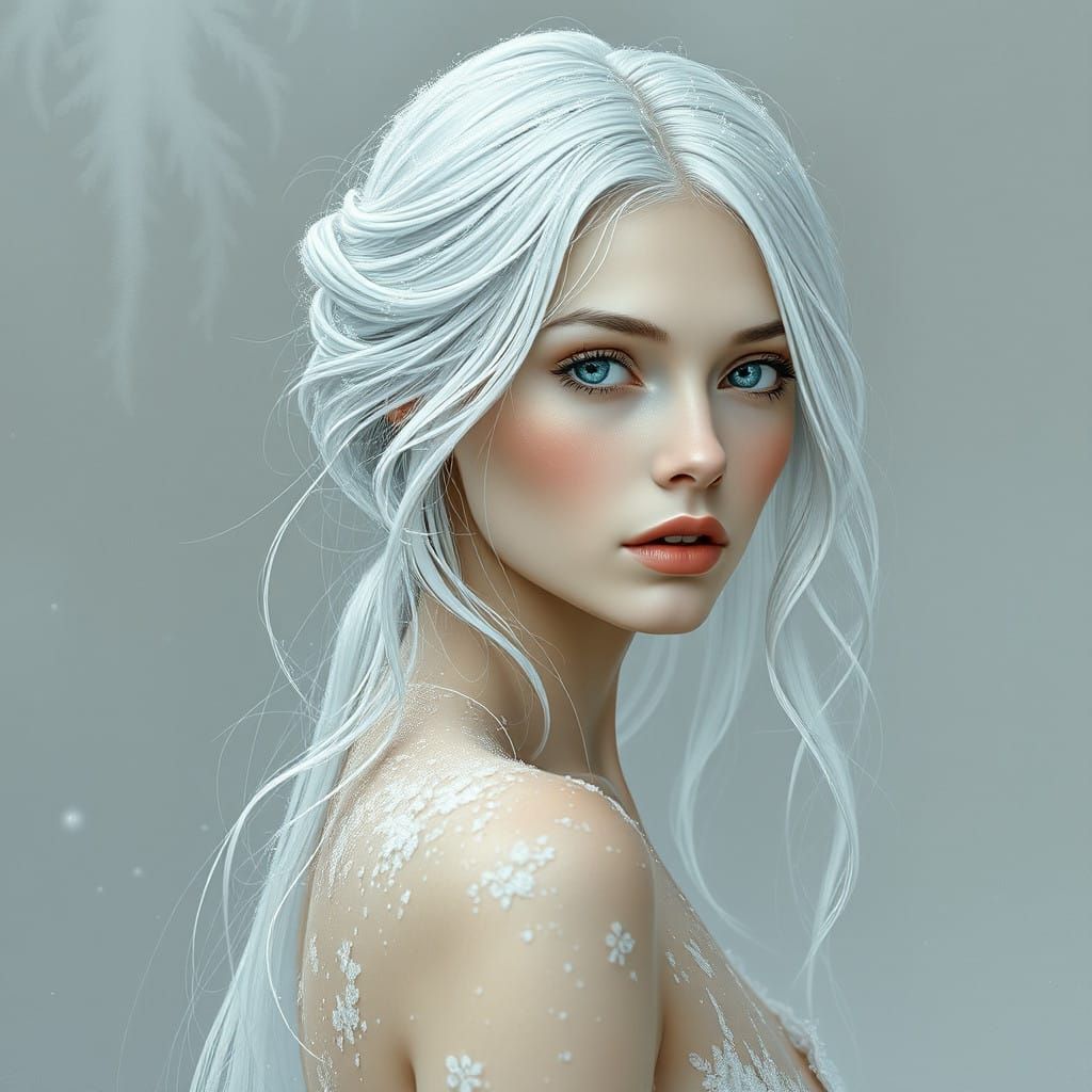 Ethereal Frost Maiden with Icy Eyes and Snowy Hair