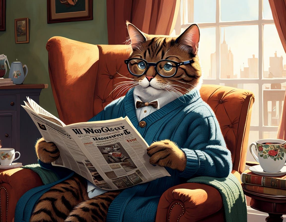 Boomer Cat Reads Newspaper in Nostalgic Rockwell Style