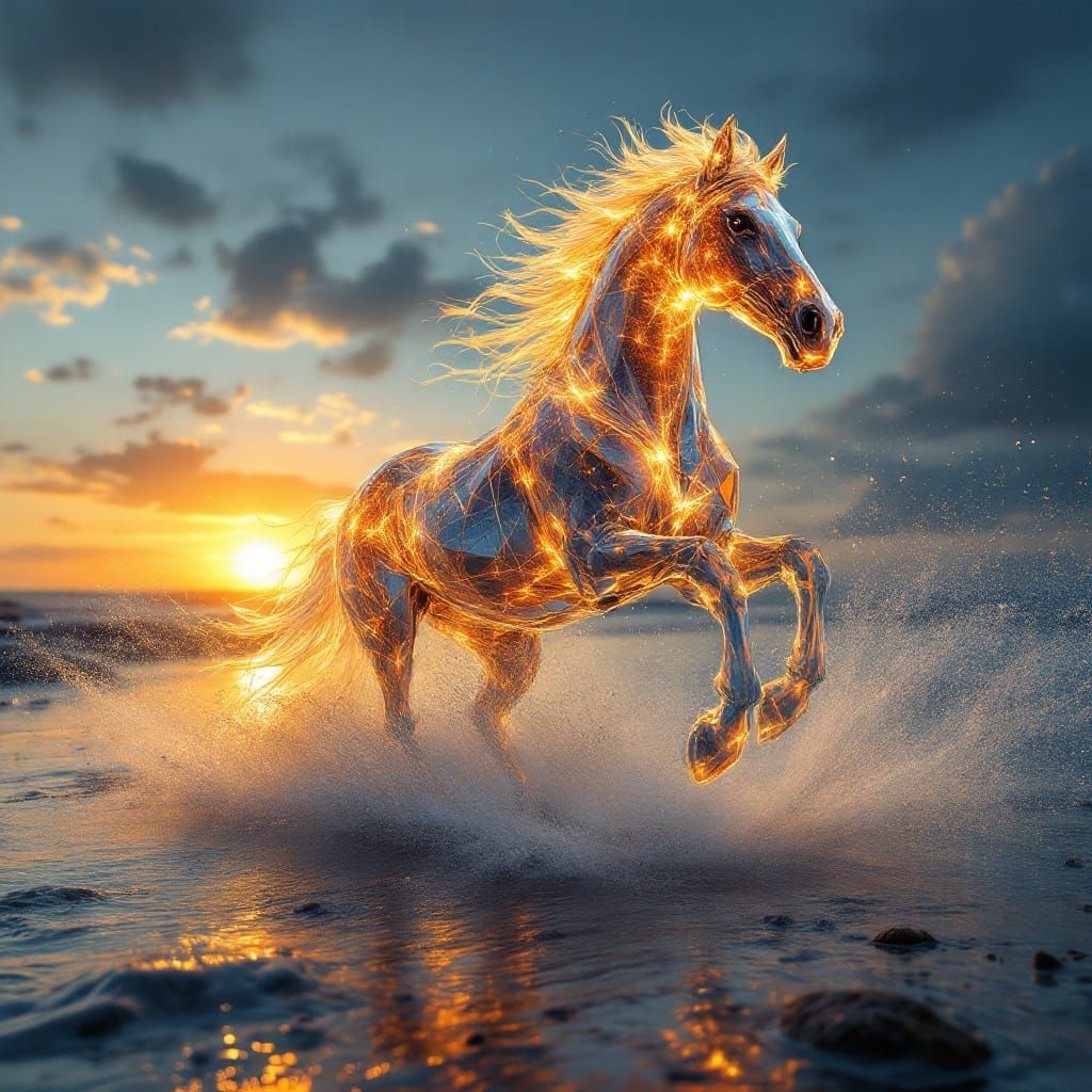 Surreal Hyperrealistic Crystal Horse Runs on Sunset Beach
