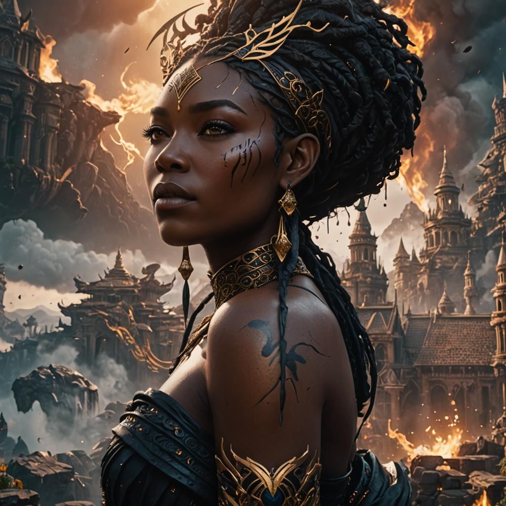 Majestic Black Goddess in Vibrant Fantasy Realm