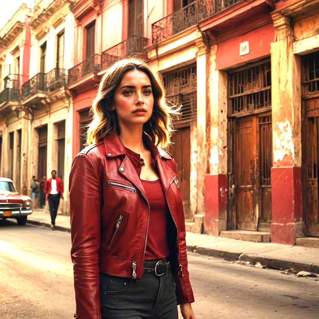 Sultry Actress in Vintage Leather Jacket on Cuban Streets