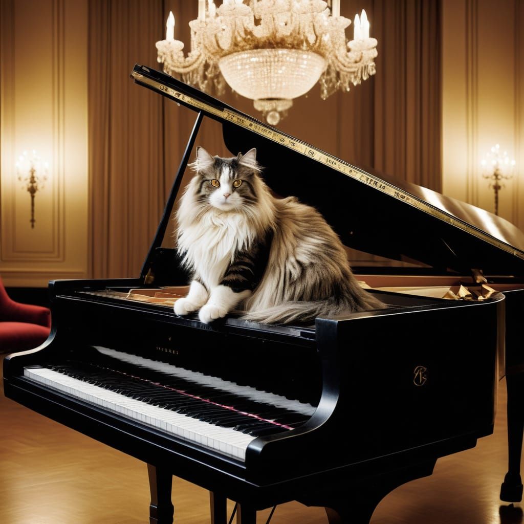 A regal Norwegian Forest Cat with a majestic mane, perched a...