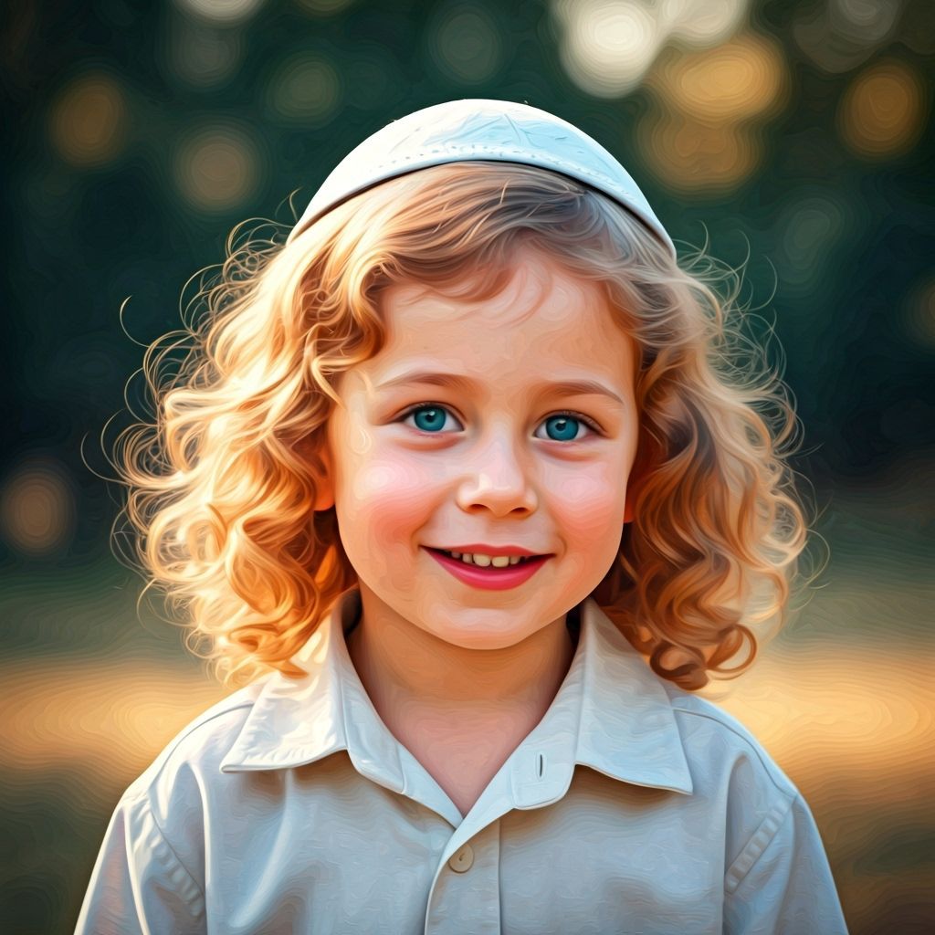 Joyful Hasidic Boy in Soft Light, Impressionistic Oil Painti...
